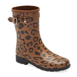 Hunter Original Refined Short Leopard Rain Boots Brown Black Women's US 9 NWOT